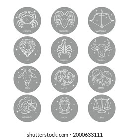 Zodiac sign set. Astrology symbol icon. Horoscope zodiac constellation - aries, taurus, gemini, cancer, lion, virgo, libra, scorpion, sagittarius, capricorn, aquarius, pisces. Vector illustration.