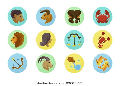 Zodiac sign set. Astrology symbol icon. Horoscope zodiac constellation - aries, taurus, gemini, cancer, lion, virgo, libra, scorpion, sagittarius, capricorn, aquarius, pisces. Vector illustration.