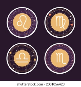 Zodiac sign set. Astrology symbol icon. Horoscope zodiac constellation - aries, taurus, gemini, cancer, lion, virgo, libra, scorpion, sagittarius, capricorn, aquarius, pisces. Vector illustration.