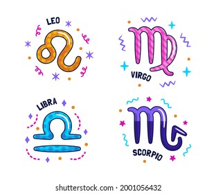 Juego de signos Zodiac. Icono de símbolo de astrología. Constelación de zodiaco del horóscopo - ario, taurus, gemini, cáncer, león, virgo, lira, escorpión, sagitario, capricornio, aquarius, pisces. Ilustración vectorial.