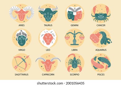 Zodiac sign set. Astrology symbol icon. Horoscope zodiac constellation - aries, taurus, gemini, cancer, lion, virgo, libra, scorpion, sagittarius, capricorn, aquarius, pisces. Vector illustration.