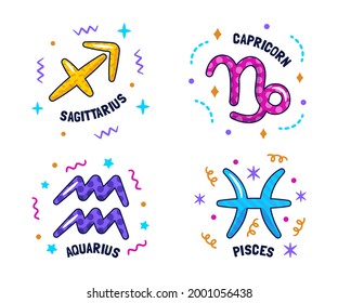 Zodiac sign set. Astrology symbol icon. Horoscope zodiac constellation - aries, taurus, gemini, cancer, lion, virgo, libra, scorpion, sagittarius, capricorn, aquarius, pisces. Vector illustration.