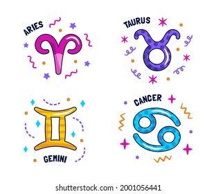 Zodiac sign set. Astrology symbol icon. Horoscope zodiac constellation - aries, taurus, gemini, cancer, lion, virgo, libra, scorpion, sagittarius, capricorn, aquarius, pisces. Vector illustration.