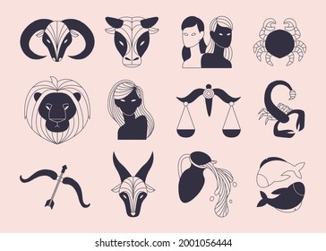 Zodiac sign set. Astrology symbol icon. Horoscope zodiac constellation - aries, taurus, gemini, cancer, lion, virgo, libra, scorpion, sagittarius, capricorn, aquarius, pisces. Vector illustration.