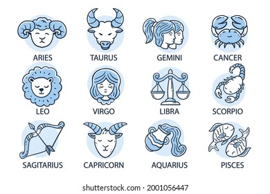 Zodiac sign set. Astrology symbol icon. Horoscope zodiac constellation - aries, taurus, gemini, cancer, lion, virgo, libra, scorpion, sagittarius, capricorn, aquarius, pisces. Vector illustration.