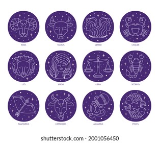 Juego de signos Zodiac. Icono de símbolo de astrología. Constelación de zodiaco del horóscopo - ario, taurus, gemini, cáncer, león, virgo, lira, escorpión, sagitario, capricornio, aquarius, pisces. Ilustración vectorial.