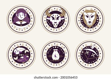 Zodiac sign set. Astrology symbol icon. Horoscope zodiac constellation - aries, taurus, gemini, cancer, lion, virgo, libra, scorpion, sagittarius, capricorn, aquarius, pisces. Vector illustration.