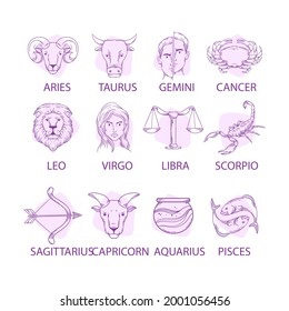 Zodiac sign set. Astrology symbol icon. Horoscope zodiac constellation - aries, taurus, gemini, cancer, lion, virgo, libra, scorpion, sagittarius, capricorn, aquarius, pisces. Vector illustration.