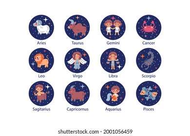 Zodiac sign set. Astrology symbol icon. Horoscope zodiac constellation - aries, taurus, gemini, cancer, lion, virgo, libra, scorpion, sagittarius, capricorn, aquarius, pisces. Vector illustration.