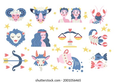 Zodiac sign set. Astrology symbol icon. Horoscope zodiac constellation - aries, taurus, gemini, cancer, lion, virgo, libra, scorpion, sagittarius, capricorn, aquarius, pisces. Vector illustration.