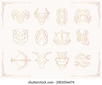 Zodiac sign set. Astrology symbol icon. Horoscope zodiac constellation - aries, taurus, gemini, cancer, lion, virgo, libra, scorpion, sagittarius, capricorn, aquarius, pisces. Vector illustration.