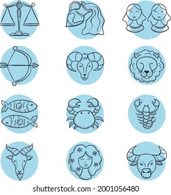 Zodiac sign set. Astrology symbol icon. Horoscope zodiac constellation - aries, taurus, gemini, cancer, lion, virgo, libra, scorpion, sagittarius, capricorn, aquarius, pisces. Vector illustration.