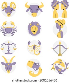 Zodiac sign set. Astrology symbol icon. Horoscope zodiac constellation - aries, taurus, gemini, cancer, lion, virgo, libra, scorpion, sagittarius, capricorn, aquarius, pisces. Vector illustration.
