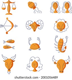 Zodiac sign set. Astrology symbol icon. Horoscope zodiac constellation - aries, taurus, gemini, cancer, lion, virgo, libra, scorpion, sagittarius, capricorn, aquarius, pisces. Vector illustration.