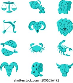 Zodiac sign set. Astrology symbol icon. Horoscope zodiac constellation - aries, taurus, gemini, cancer, lion, virgo, libra, scorpion, sagittarius, capricorn, aquarius, pisces. Vector illustration.