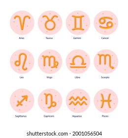 Zodiac sign set. Astrology symbol icon. Horoscope zodiac constellation - aries, taurus, gemini, cancer, lion, virgo, libra, scorpion, sagittarius, capricorn, aquarius, pisces. Vector illustration.