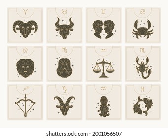 Zodiac sign set. Astrology symbol icon. Horoscope zodiac constellation - aries, taurus, gemini, cancer, lion, virgo, libra, scorpion, sagittarius, capricorn, aquarius, pisces. Vector illustration.