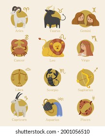 Zodiac sign set. Astrology symbol icon. Horoscope zodiac constellation - aries, taurus, gemini, cancer, lion, virgo, libra, scorpion, sagittarius, capricorn, aquarius, pisces. Vector illustration.