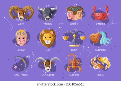 Juego de signos Zodiac. Icono de símbolo de astrología. Constelación de zodiaco del horóscopo - ario, taurus, gemini, cáncer, león, virgo, lira, escorpión, sagitario, capricornio, aquarius, pisces. Ilustración vectorial.