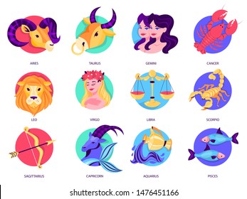 Zodiac sign set. Collection of astrology symbol. Aquarius and lion, scorpion and cancer. Horoscope and astrological calendar. Isolated vector illustration in cartoon style