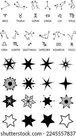 Zodiac Sign And Stars, Star ,Mono, Shiny, Hand Drawn