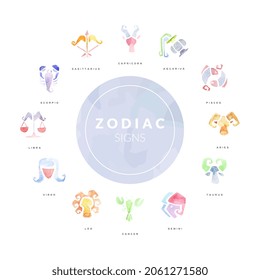 Zodiac Sign and Symbols Astrological Watercolor Vector Template