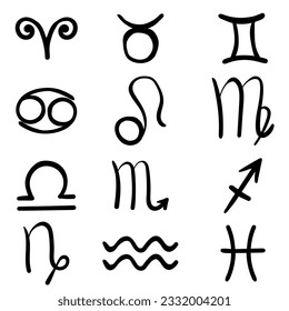 Zodiac sign symbols set, hand drawn horoscope signs line art vector illustration