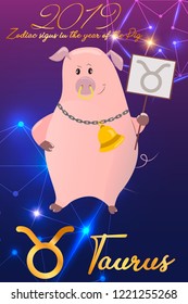 Zodiac sign Taurus. 2019 year of the pig. Piglet with horns. Funny horoscope. Cute animal. Vector illustration in cartoon style. Lettering jelly Taurus. Isolated object on white background.