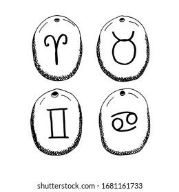 Zodiac sign. Taurus, Aries, Cancer, Gemini. Outline black- and- white drawing by hand. Vector illustration of zodiac signs.
