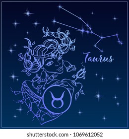 Zodiac sign Taurus as a beautiful girl. The Constellation Of Taurus. Night sky.  Horoscope. Astrology. Victor