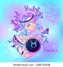 Zodiac sign Taurus a beautiful girl. Horoscope. Astrology. Vector 