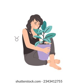 Zodiac sign Taurus, beautiful woman with Ficus houseplant, horoscope astrology symbol of taurus astrology, vector beautiful girl illustration, woman zodiac