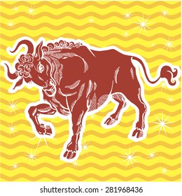 Zodiac sign - Taurus. Big strong bull with sharp horns. Vector illustration. Colored. Red silhouette, yellow background