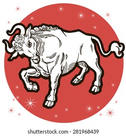 Zodiac sign - Taurus. Big strong bull with sharp horns. Vector illustration. Black and white image, red circle