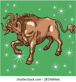 Zodiac sign - Taurus. Big strong bull with sharp horns. Vector illustration. Colored. Green background