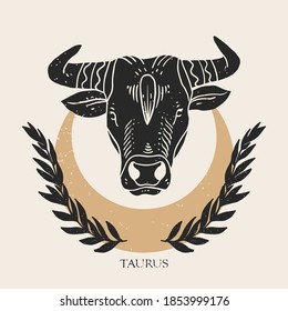 Zodiac sign Taurus in boho style. Trendy vector illustration.