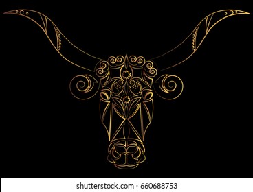 Zodiac sign Taurus. Bull. The bull's head is painted with gold threads, lines and pattern. Vector illustration, Isolated on black. Can be used as a print on fabric and t-shirt. Logo, tattoo, symbol.