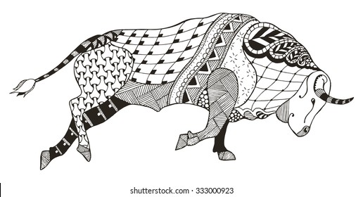 Zodiac sign - Taurus. Bull. Vector illustration. Zentangle stylized. Horoscope. Pattern. Hand drawn. Freehand pencil.
