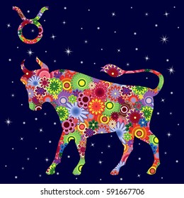 Zodiac sign Taurus with colorful flowers fill on a background of the dark blue starry sky, vector illustration