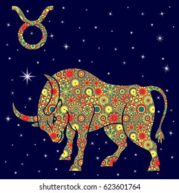 Zodiac sign Taurus with colorful flowers fill in warm hues on a background of the blue starry sky, vector illustration