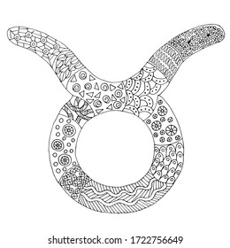 Zodiac sign taurus. Coloring page for adults. Relaxing coloring. Zentangle, doodles, antistress.