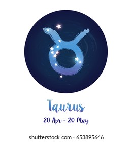 Zodiac sign Taurus in cosmic stars space with Taurus constellation icon. Blue starry night sky inside circle background. Galaxy space vector design for horoscope icon, cards, posters, fortune telling.