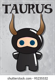 Zodiac sign Taurus with cute black ninja character, vector