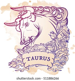 Zodiac sign of Taurus. with a decorative frame of roses Astrology concept art. Tattoo design. Sketch on grunge background. EPS10 vector illustration.