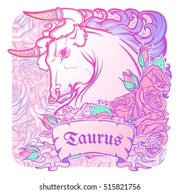 Zodiac sign of Taurus. with a decorative frame of roses Astrology concept art. Tattoo design. Sketch in pastel pallette isolated on elegant pattern background. EPS10 vector illustration.