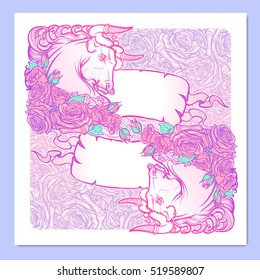 Zodiac sign of Taurus with a decorative frame of roses and banners. Astrology concept art. Tattoo design. Sketch in pastel pallette isolated on elegant pattern background. EPS10 vector illustration.