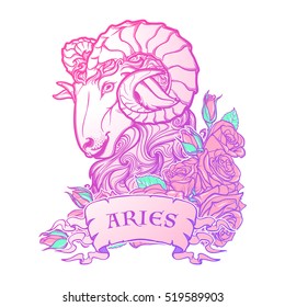 Zodiac sign of Taurus. with a decorative frame of roses Astrology concept art. Tattoo design. Sketch in pastel pallette isolated on white background. EPS10 vector illustration.