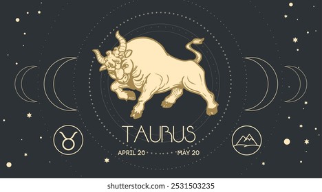 Signo del zodiaco Tauro en estilo grabado dibujado a mano. Signo astrológico retro Plantilla de diseño Bull. Ilustración vectorial.