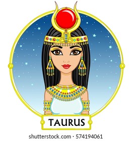 Signo zodiaco Taurus. Magnífica princesa, retrato de animación. Fondo - un marco, el cielo de la estrella nocturna. Ilustración vectorial aislada en blanco.