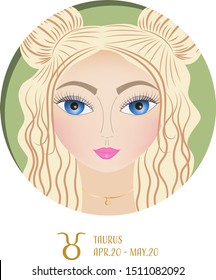 Zodiac sign Taurus, female portrait with hair buns in a round frame. Idea of astrological prediction and fortune. Perfect as an avatar, calendar or a postcard.